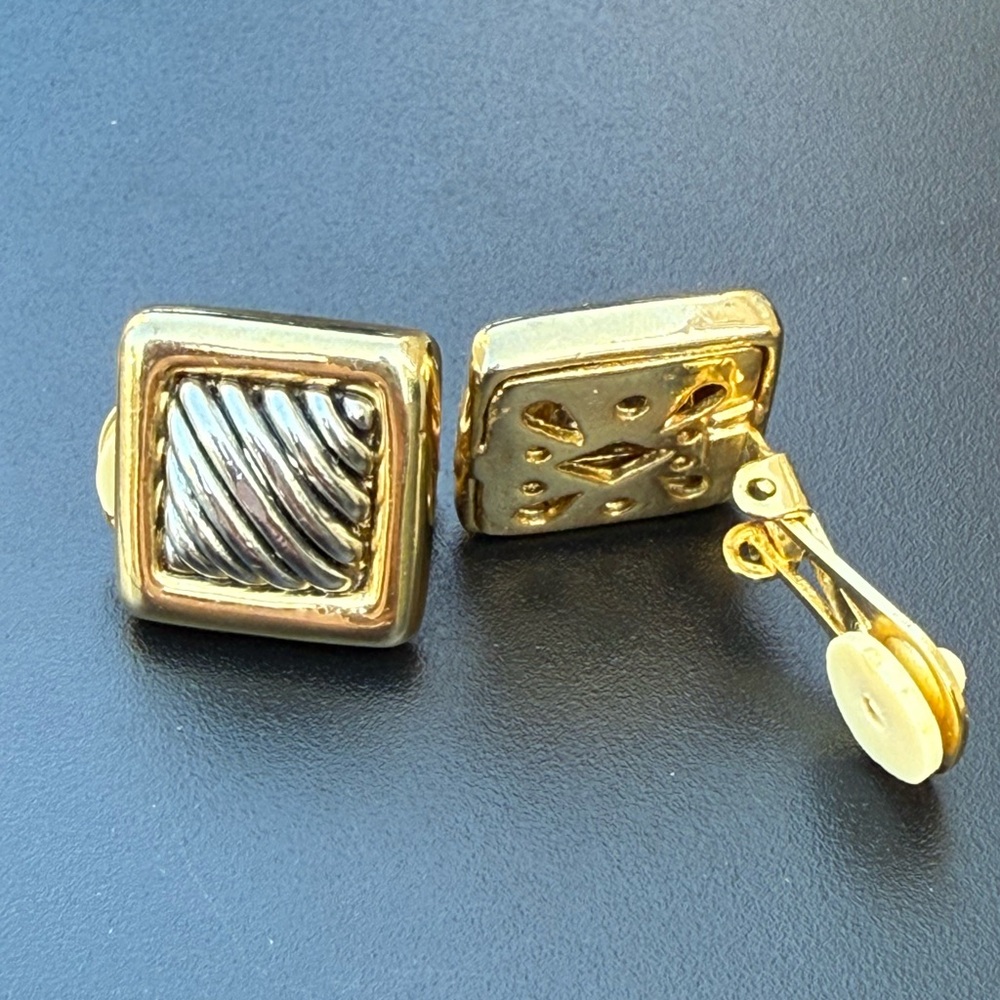 Vintage Gold and Silver Square Clip-On Earrings